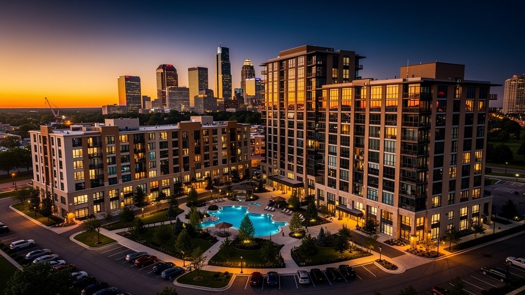 Multifamily apartment complex with city skyline, commercial real estate bridge loan market outlook 2026